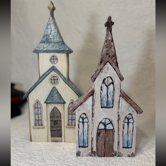 Rustic Wooden Church Decor Set • Farmhouse Christmas Chapel Pair • Hand-Painted - Picture 1 of 6